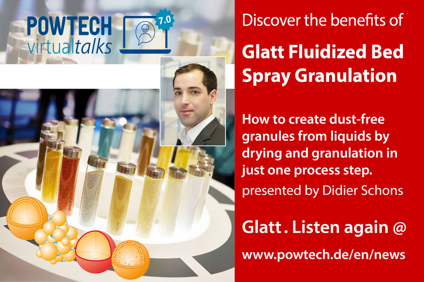 Staubfreie Granulate durch Trocknen + Granulieren von Flüssigkeiten Webinar-Aufzeichnung der POWTECH Virtual Talks Volume 7.0 | Handhabung von empfindlichen Schüttgütern vor und nach Produktionsprozessen