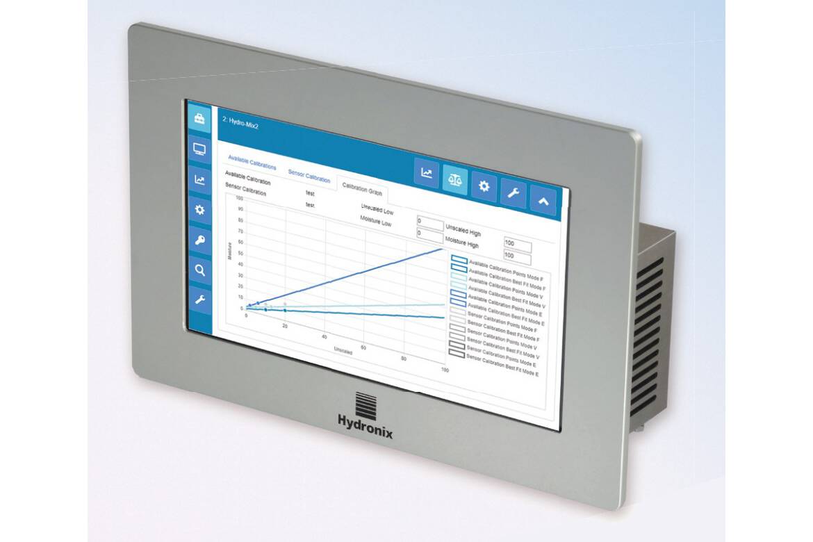 Hydro-View: Touchscreen für Anzeigen, Kalibrieren und Konfigurieren Der Hydro-View ist eine Touchscreen-Display zum Anzeigen von Daten sowie zum Kalibrieren und Konfigurieren von Hydronix-Sensoren. Es hat einen eingebauten Webserver mit einer Web-API für Maschinendatenanfragen.