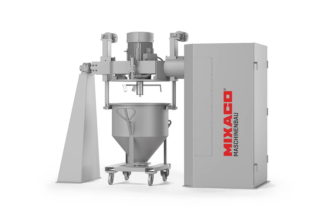 Containermischer CM i4; neue Mischergeneration von Mixaco  Durch seine innovative Bauweise mit einem flachen Mischkopf und dem Einsatz hochmoderner Software erreicht der CM i4 eine hervorragende Mischqualtität und -flexibilität bei extrem niedrigem Reinigungsaufwand.