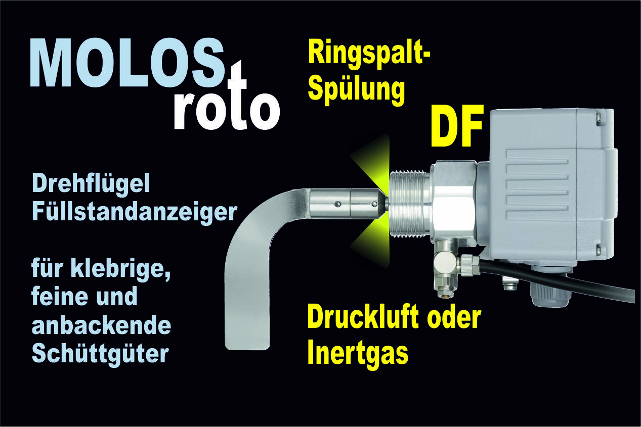 In klebrigen Schüttgütern den Grenzstand überwachen MOLOSroto-Drehflügelmelder mit Ringspaltspülung