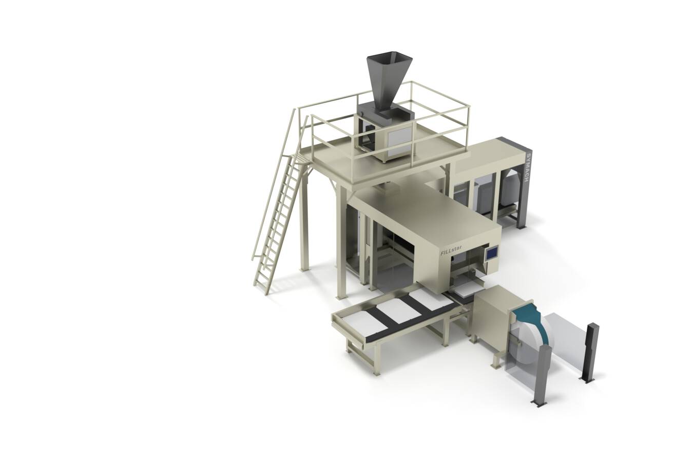 Innovative SYMACH Hybrid-Absackanlage  SYMACH stellt eine innovative Hybrid-Absackmaschine für Offensäcke und Schlauchfoliensäcke vor, die ein Schlauch-FFS- und ein Offensack-Absacksystem kombiniert.