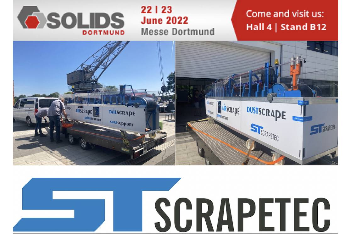 Scrapetec mit Überraschungen im Gepäck Am 22/23. Juni 2022 kommt die Solids nach Dortmund und mit ihr auch viele neue Produkte und Überraschungen. Alles rund um die Förderbandübergaben, was die Arbeit erleichtert und sicherer macht.