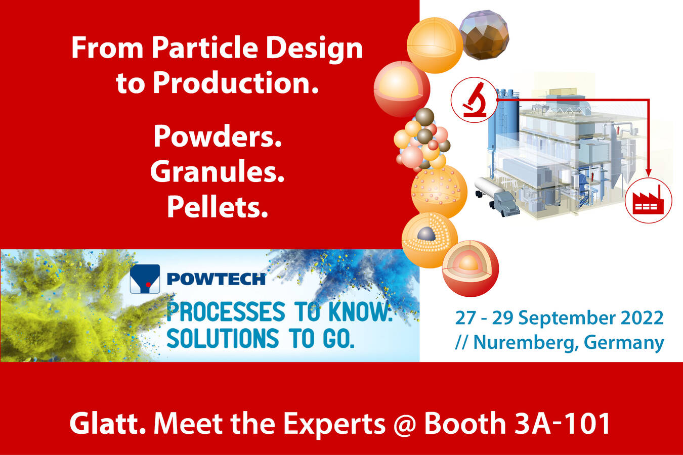 Glatt Partikeldesign + Anlagenbau auf der POWTECH 2022 Glatt stellt seine Kompetenz für Prozesse, Technologien und Anlagenbau für funktionale Pulver, Granulate und Pellets in den Mittelpunkt.