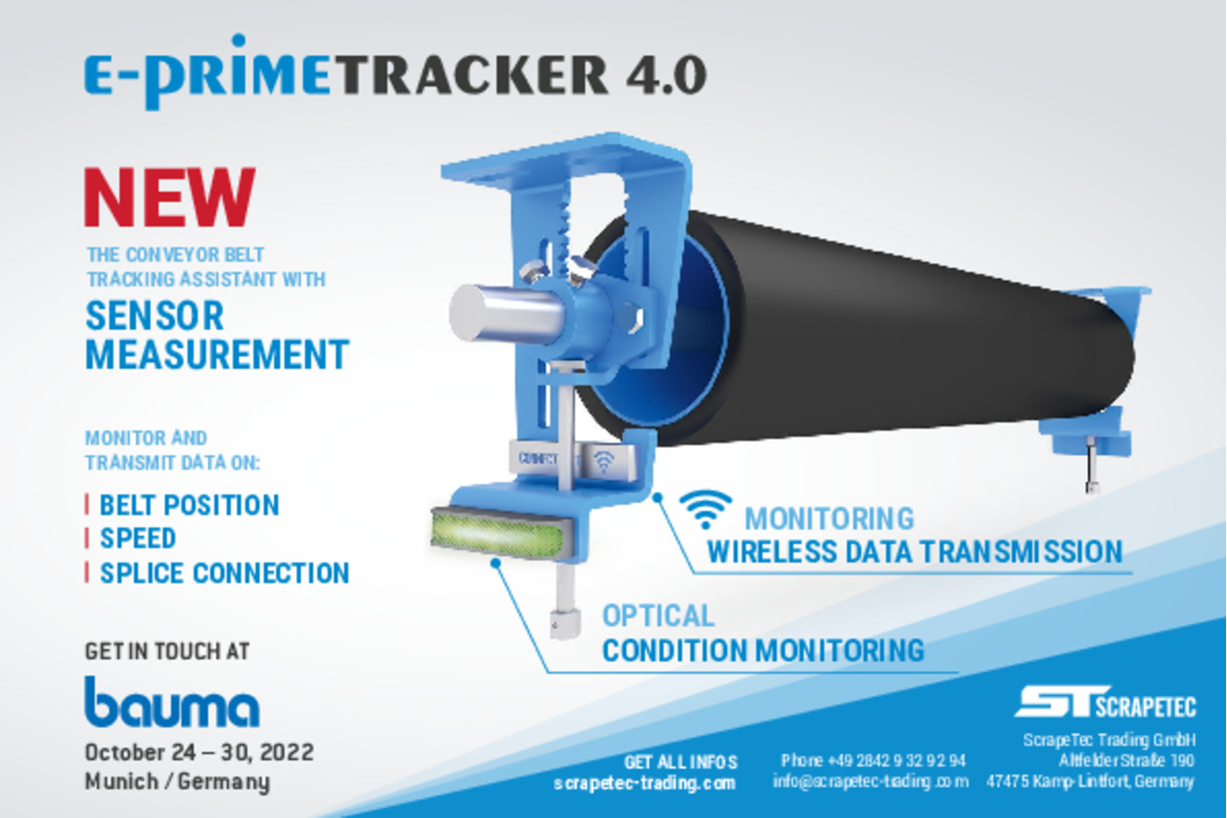 Weltpremiere des E-PrimeTrackers auf der bauma 2022 ScrapeTec auf der bauma 2022, E-PrimeTracker Weltpremiere: vorbeugende Instandhaltung von Förderbändern, das die Instandhaltung von Gurtförderbändern erheblich vereinfacht.