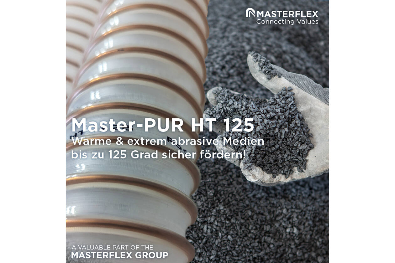 Master-PUR HT 125: Sorglos produzieren auch bei erhöhten Temperaturen Die neu entwickelte Produktserie rund um die Master-PUR HT 125 Schläuche offenbart Wettbewerbsvorteile. Das Polyurethan ist speziell für höhere Temperaturen ausgelegt und somit für Einsatzfälle mit konstanten Dauergebrauchstemperaturen bis 125°C geeignet.