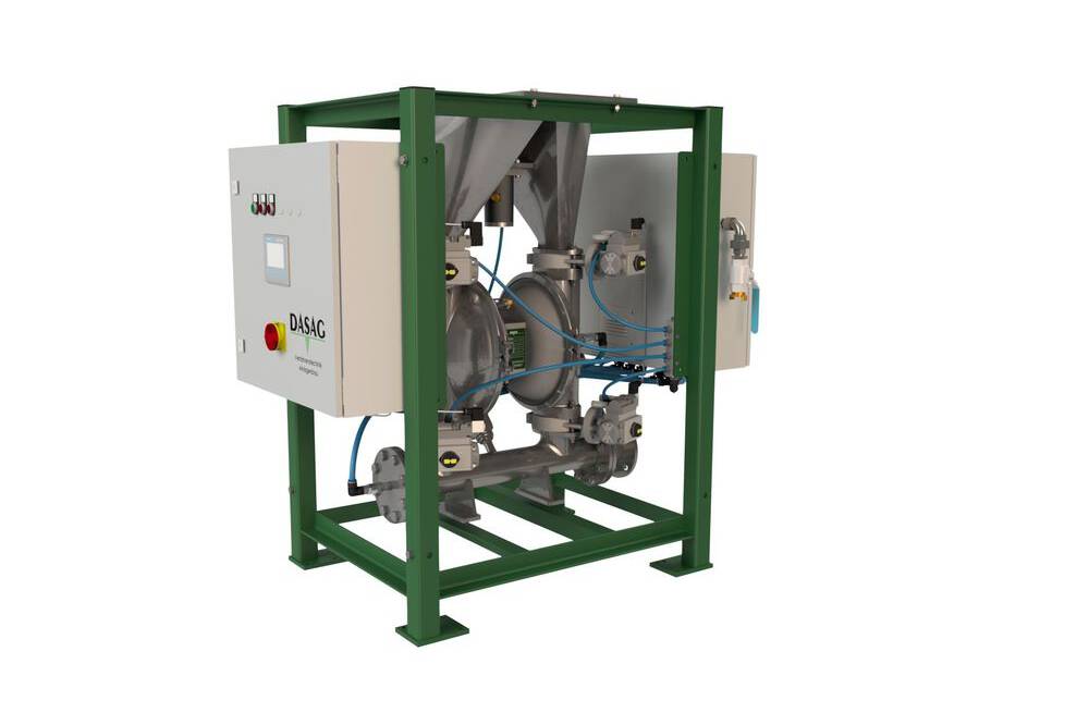 DASAG Pulverpumpe für schwierig zu handelnden Schüttgütern Die DASAG-Pulverpumpe ist eine spezielle Entwicklung zur Förderung von Schüttgütern, basierend auf dem Prinzip einer Doppelmembranpumpe.