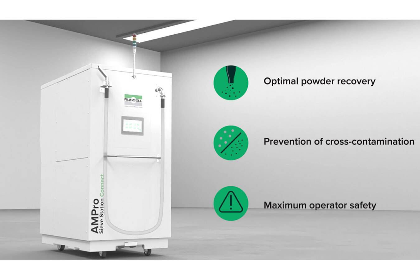 AMPro Siebstation Connect - ultimative Lösung für das Pulverhandling Beschleunigen Sie Ihre additive Fertigung mit der AMPro Siebstation connect von Russell Finex