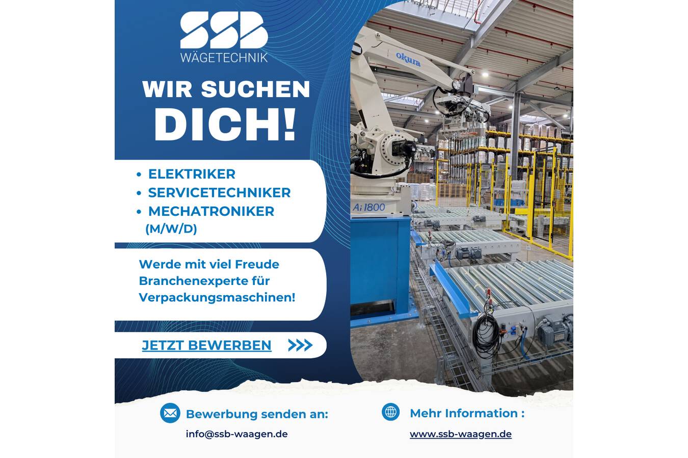 SSB Wägetechnik GmbH sucht Servicetechniker/ Mechatroniker Wir bei SSB Wägetechnik suchen Sie als Servicetechniker/in / Mechatroniker/in/, (m/w/d), der/die unser Team verstärkt. 