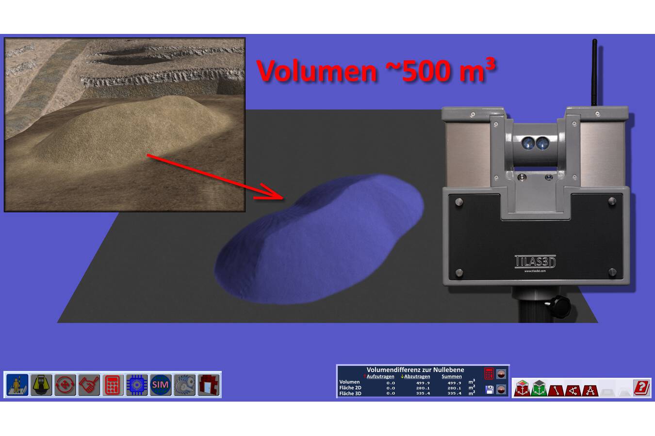 Stativgebundene Vermessung von Schüttgut mit TILAS3D Volumenerfassung von Schüttgut an jedem Ort