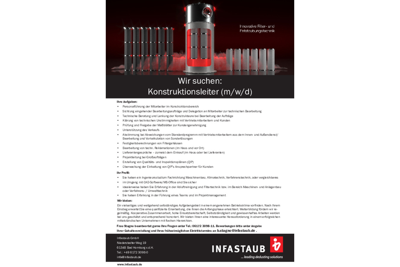 Infastaub GmbH sucht Konstruktionsleiter (m/w/d) 
