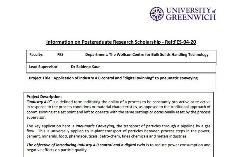 Promotionsstipendium gesponsert von Schenck Process UK Ltd Nehmen Sie an einer Studie teil zur Verbesserung der Effizienz von Manufacturing durch die Implementierung digitaler Systeme in pneumatischen Förderleitungen